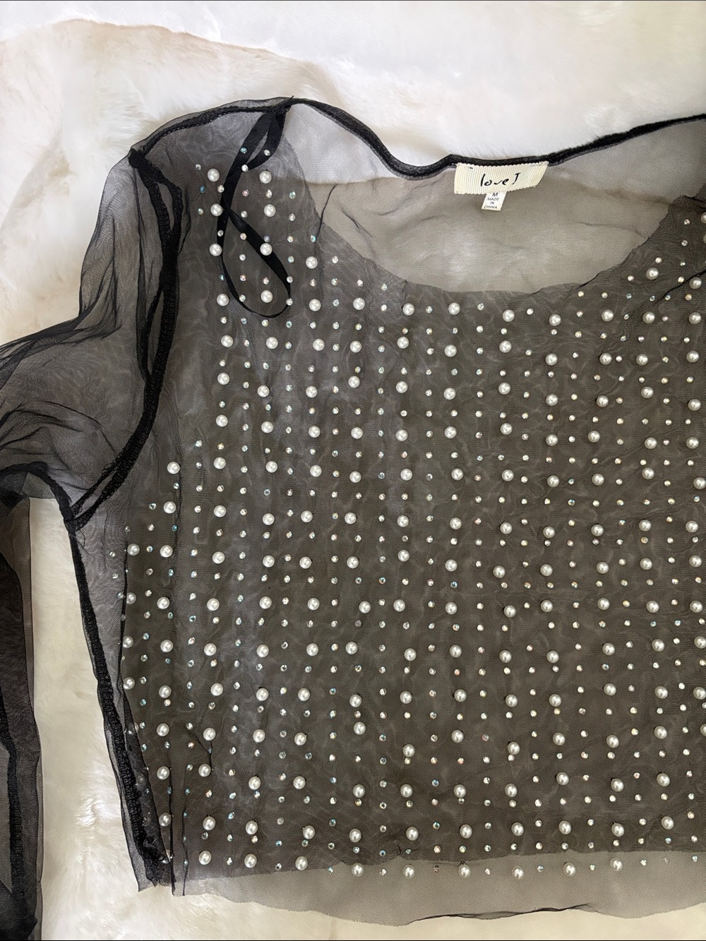 love J Black Sheer Mesh Top with Pearl Accents